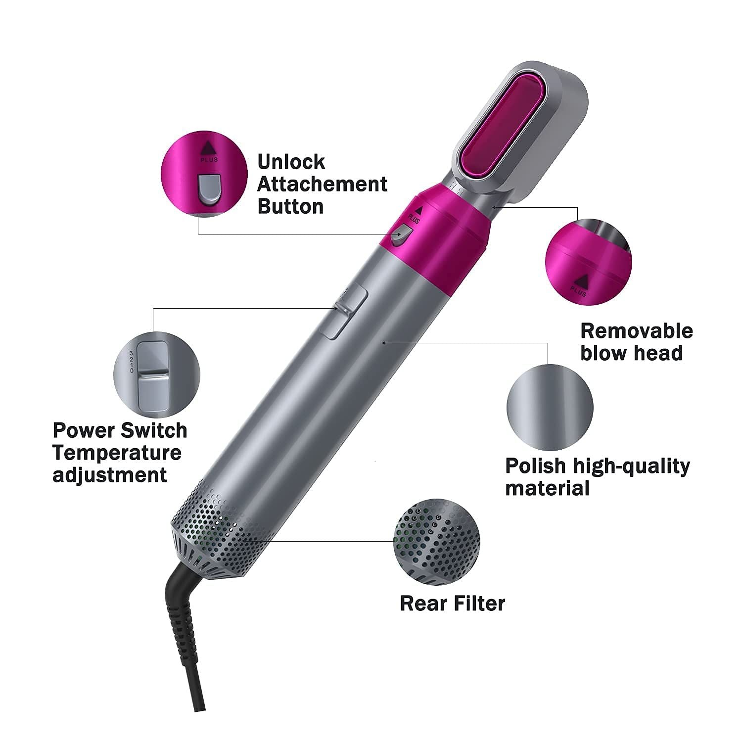 Multifunction 5 in 1 Hair Dryer Brush Multiple Brush Head Curling Hair Dryer
