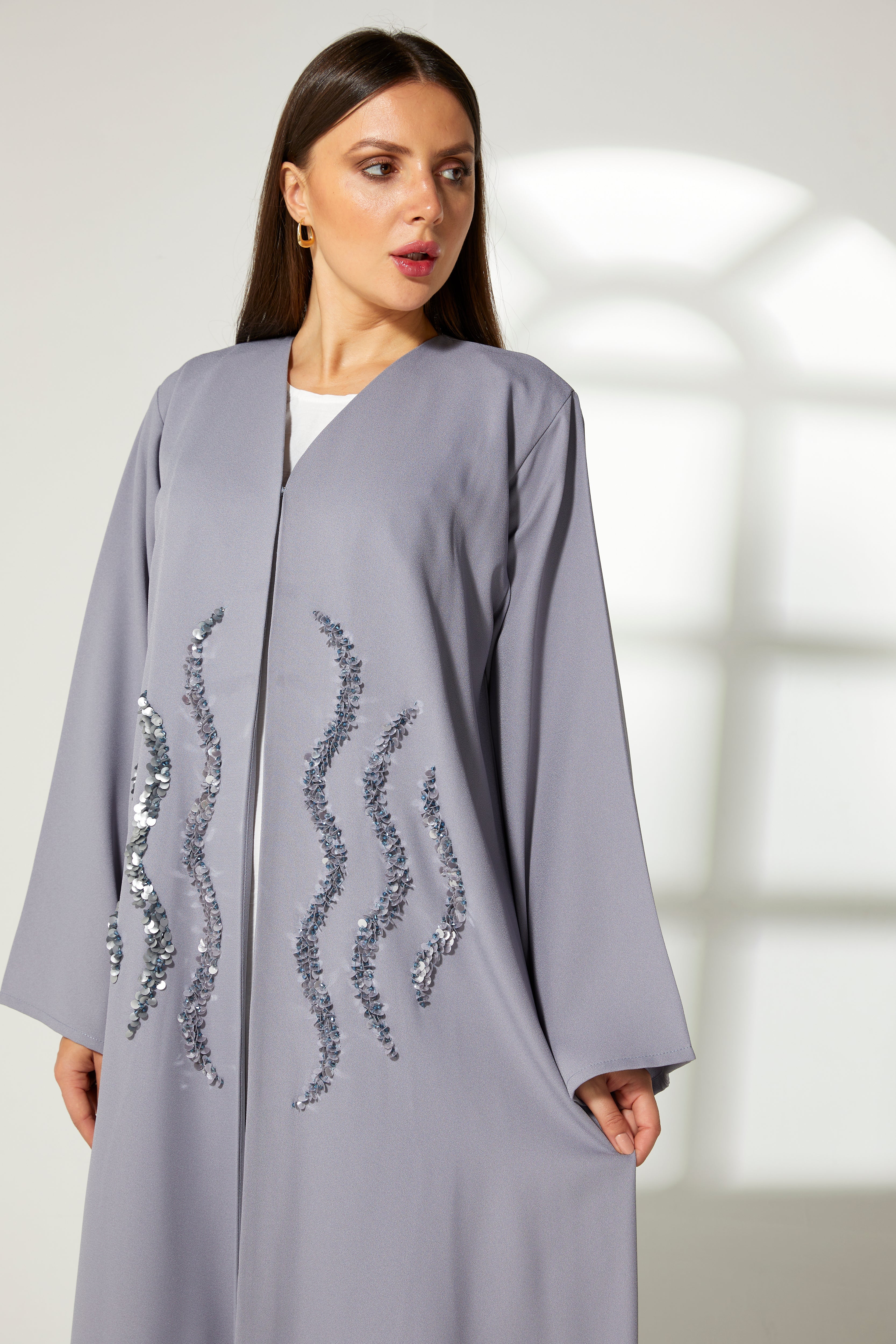 MOiSTREET Grey Korean Crepe Embroidery Abaya