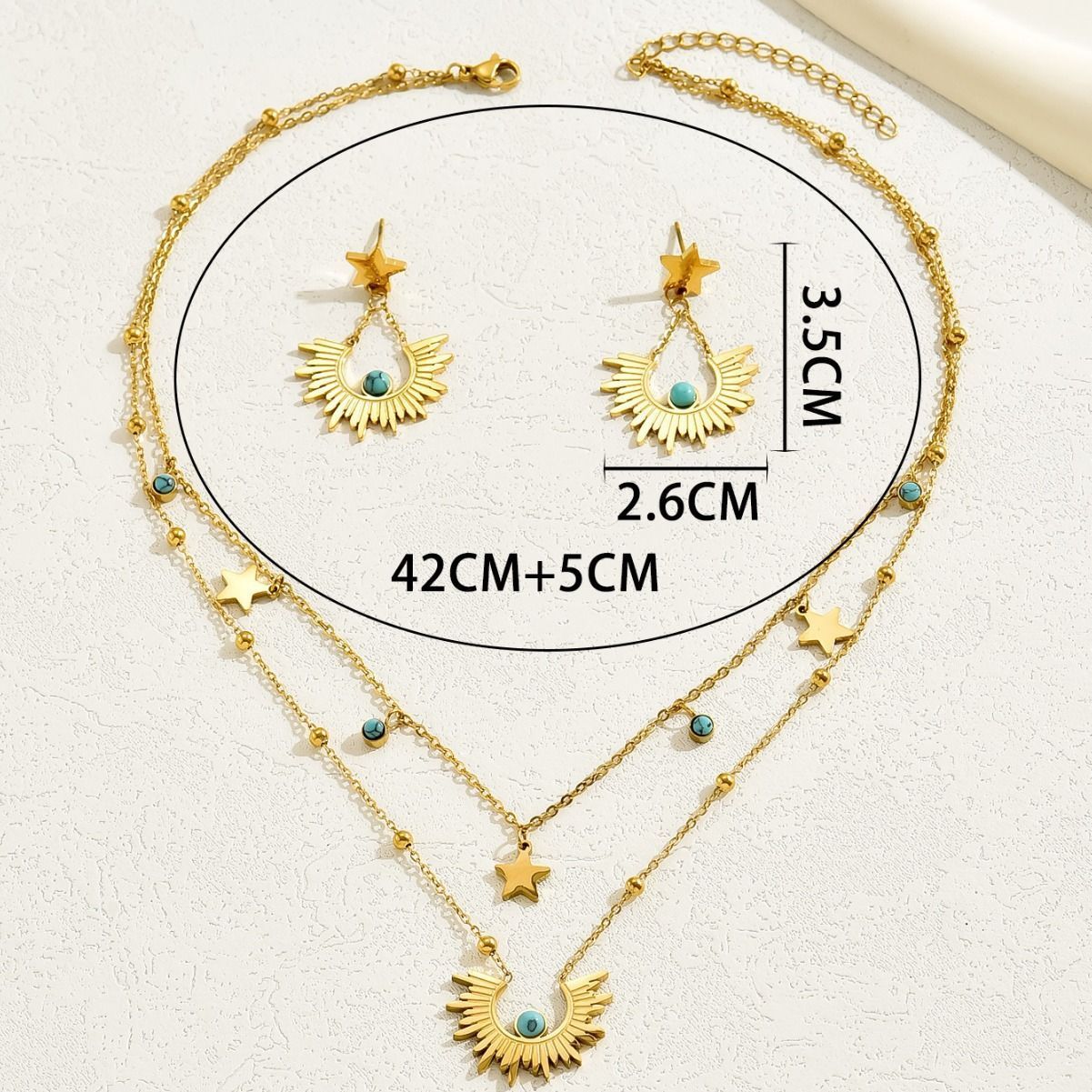 Star Moon Double Layer Necklace Earrings Set For Women