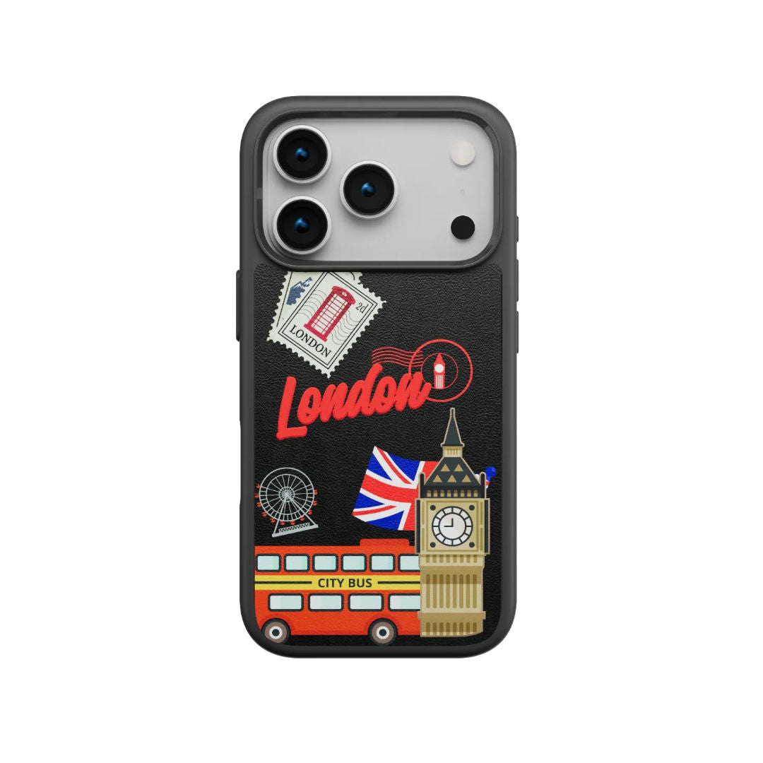 Levelo Vallo PU Leather Case for iPhone 17 Pro/Pro Max With London Embroidery Design