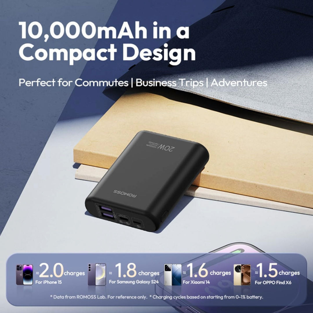 Romoss PCT10 10000mAh Mini Power Bank, PD 20W Fast Charge Portable Charger with 3 Outputs