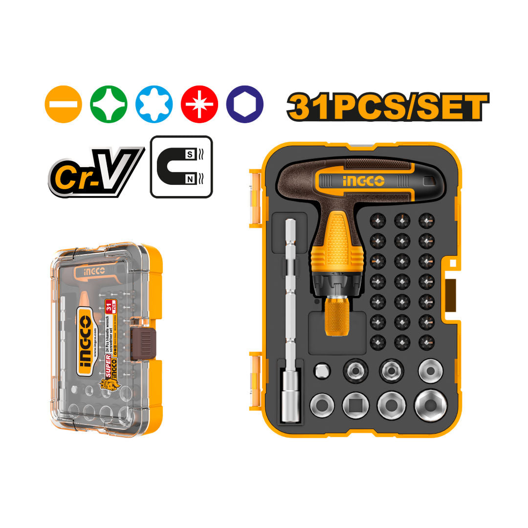 INGCO 31-Pcs T-Handle Ratchet Driver Set, 21X 25 Mm Bits , Magnetic 5X100 Mm Holder, Bits Adaptor, 7X 1/4" Sockets 5,11 Mm