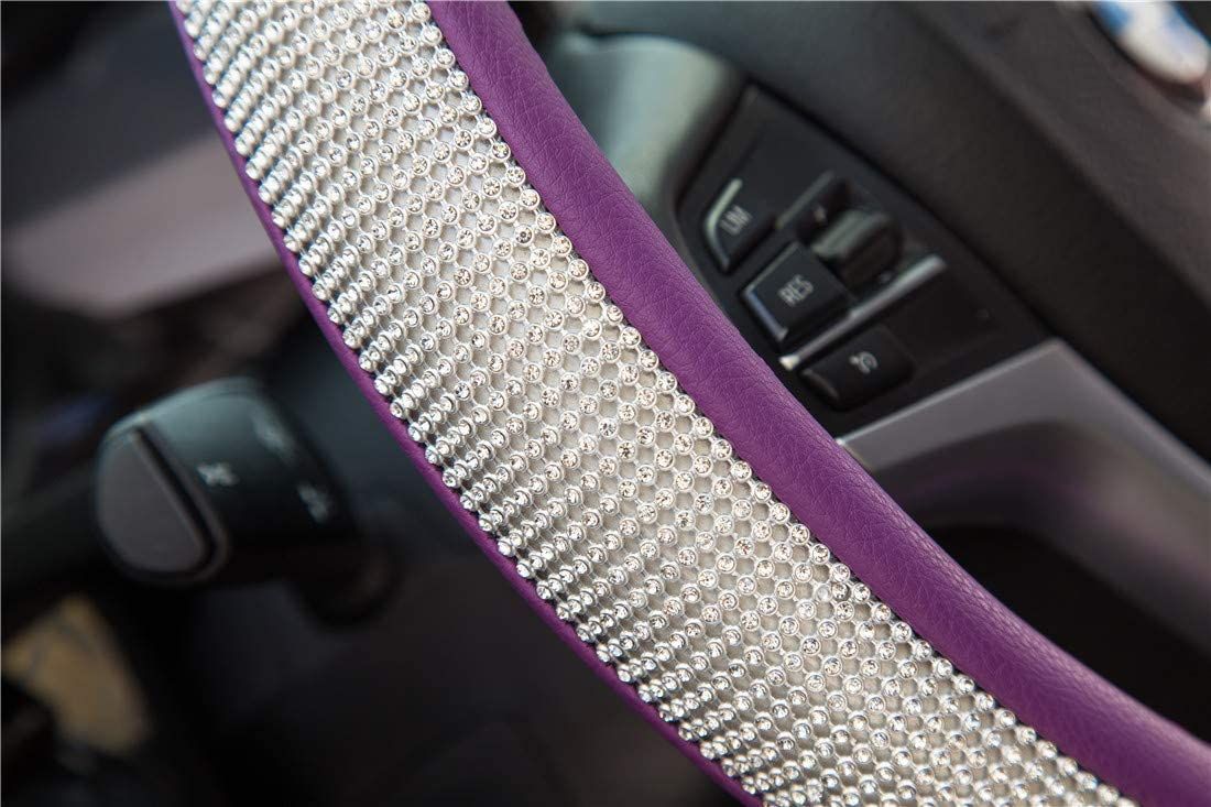 PU Leather Steering Wheel Cover Protector with Bling Crystal Rhinestones for 15 Inch