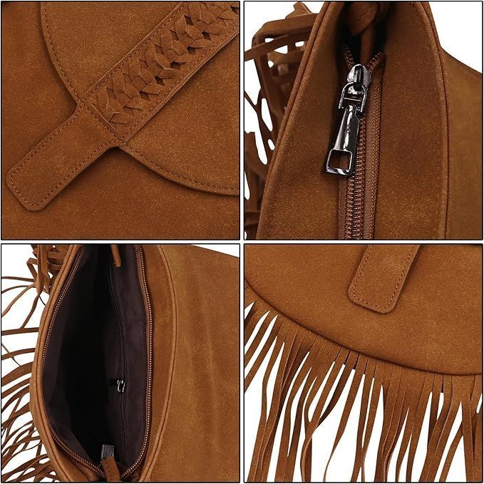Women Faux Suede Leather Hobo Crossbody Bag Vintage Fringe Tassel Shoulder Bag