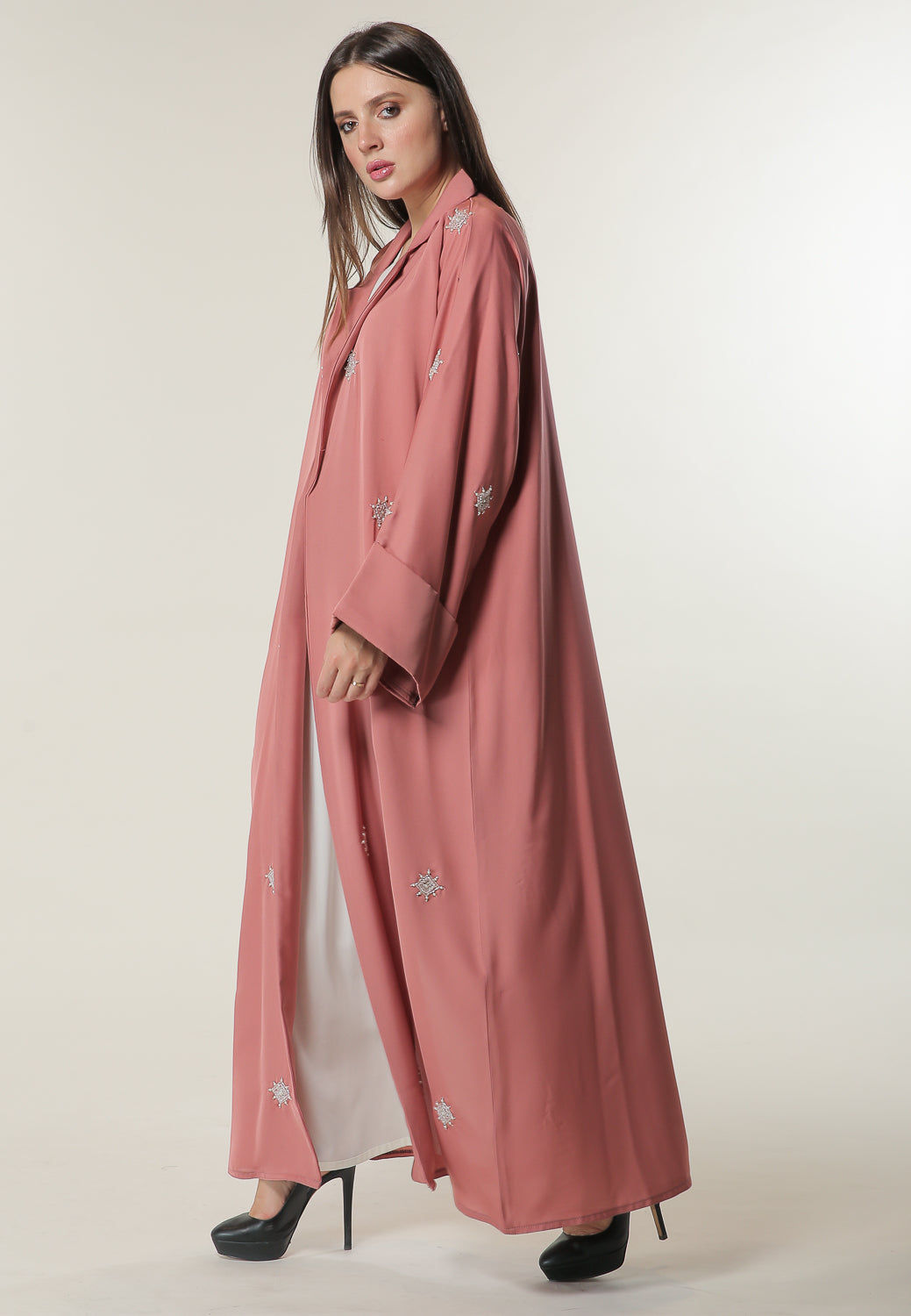 MOiSTREET Pink Abaya with Hand Beaded Motifs