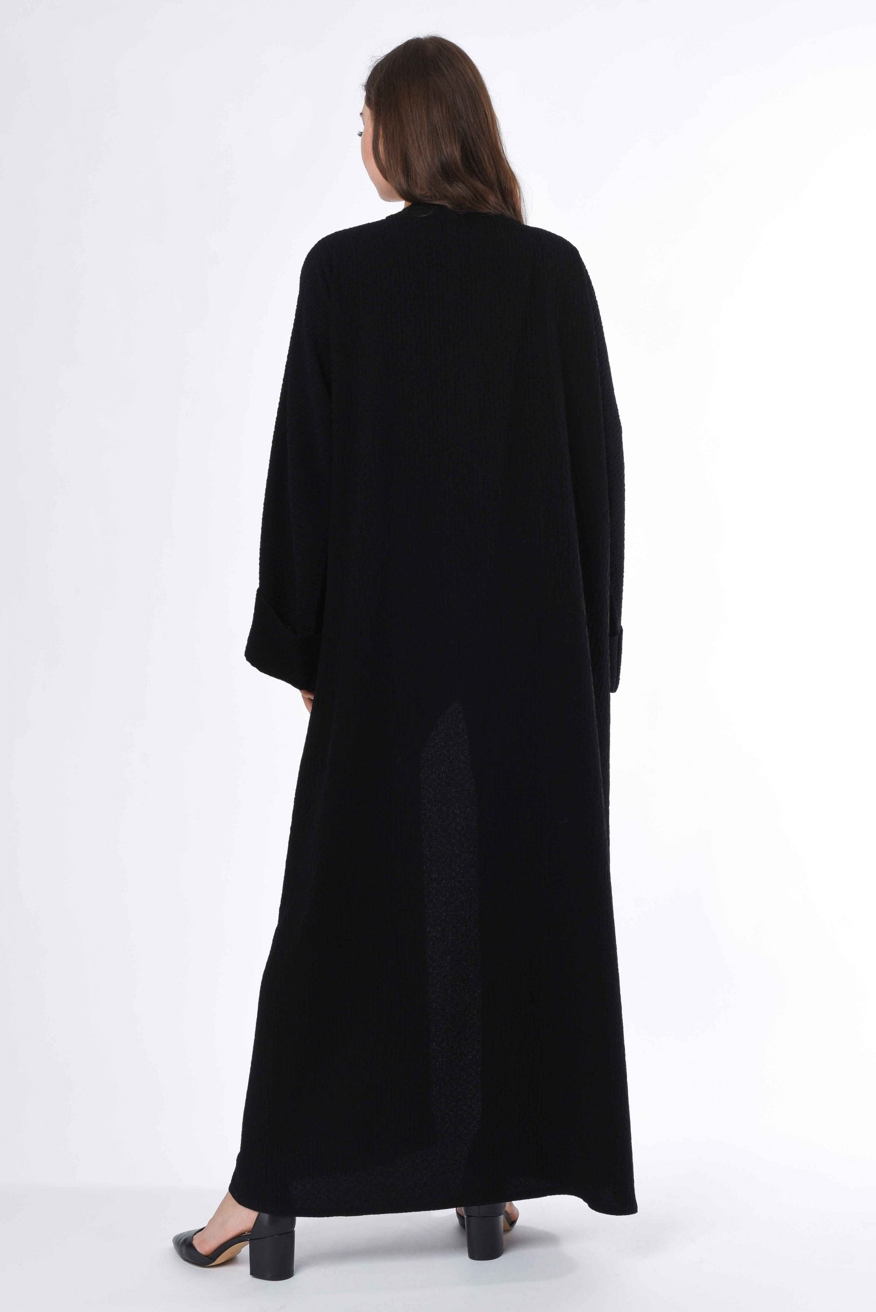 MOiSTREET Black Coat Style Abaya with White Button Detail