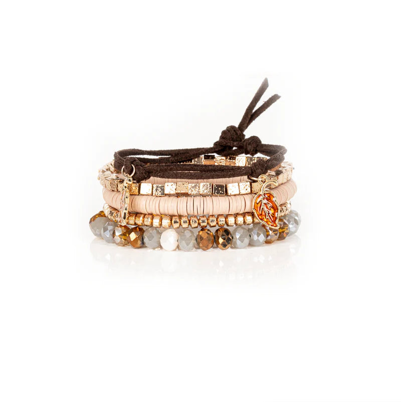 The Dark The Autumn Whisper Beaded Bracelet Set with Leaf Charm