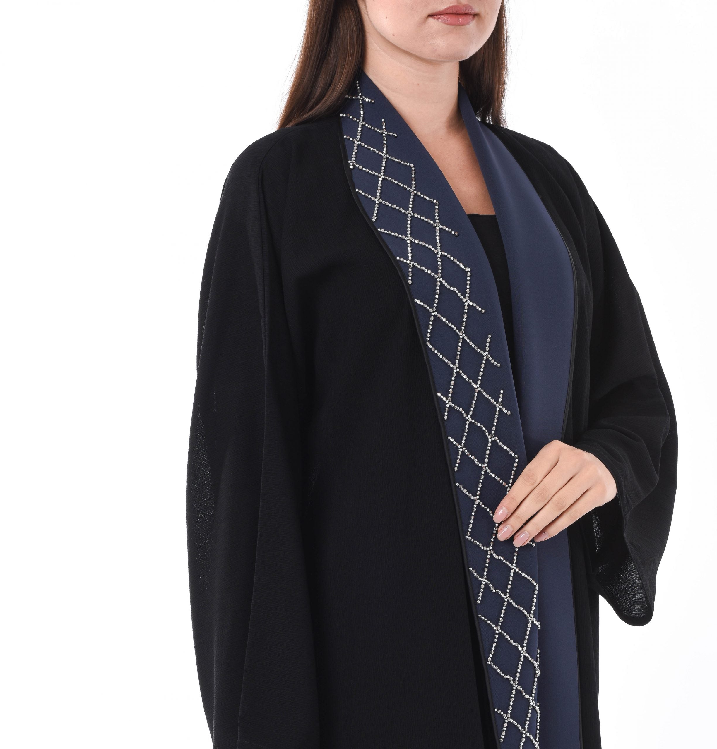 MOiSTREET Black Abaya with Navy Bead work Panel