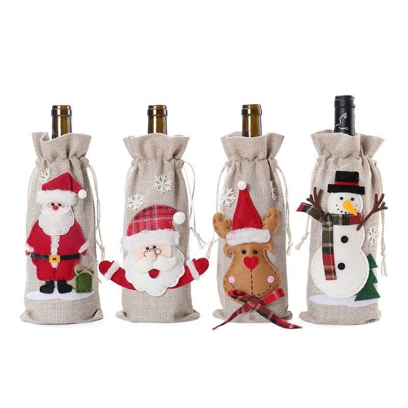 4pcs Christmas Wine Bottle Cover Bags Burlap Wine Bottle Bags Gifts Bags