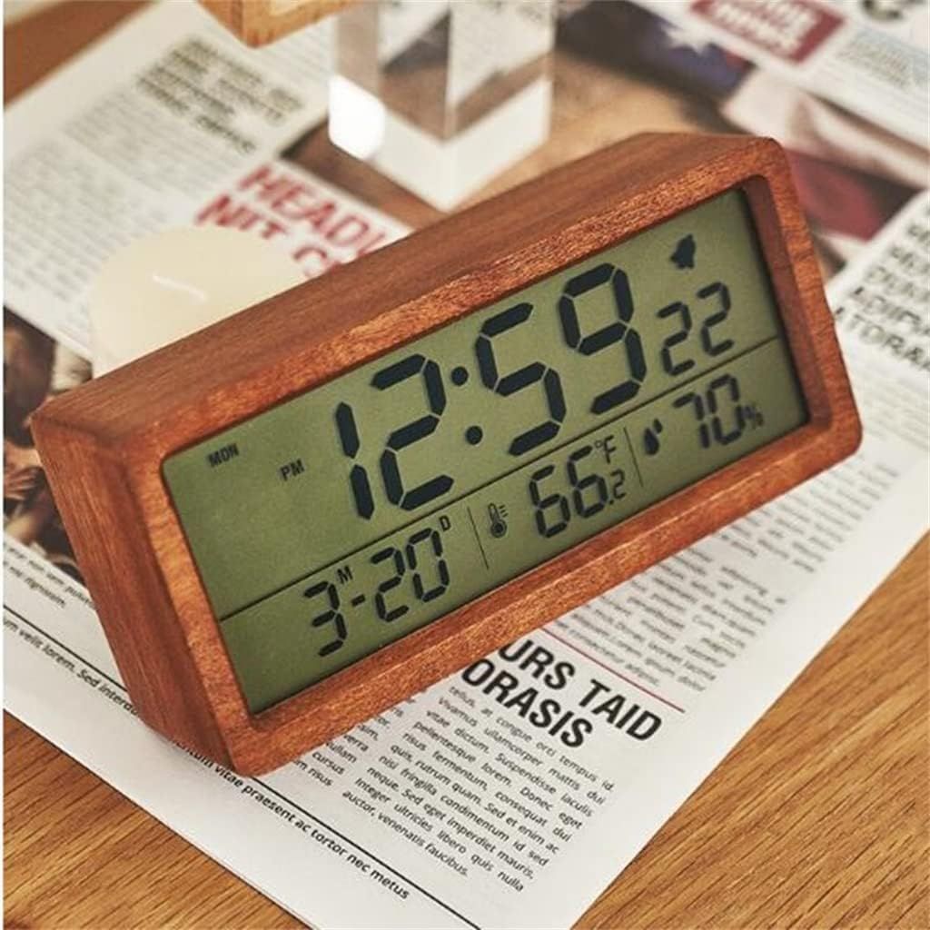 Wood Alarm Clock Humidity Temperature Portable Snooze Bedside Kids Room Table Clocks