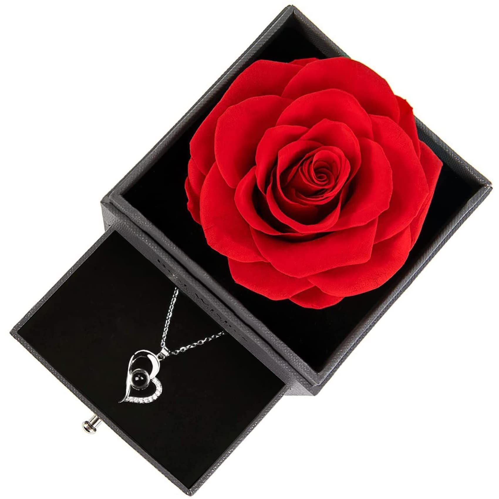 Preserved Rose Drawer With Necklace Rose And Silver Necklace Set Valentine Day