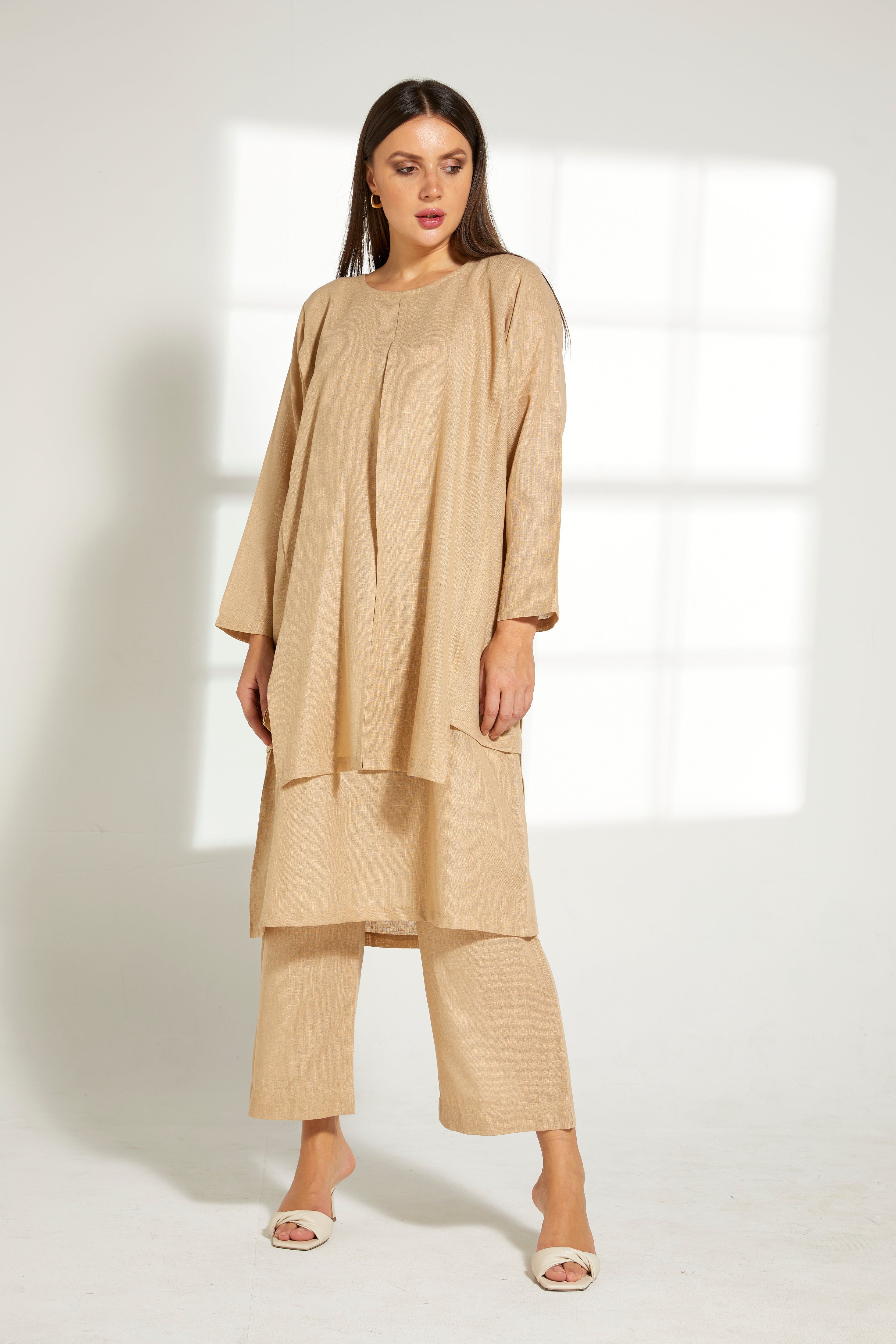 MOiSTREET Tan Linen Fabric Top and Pants Set