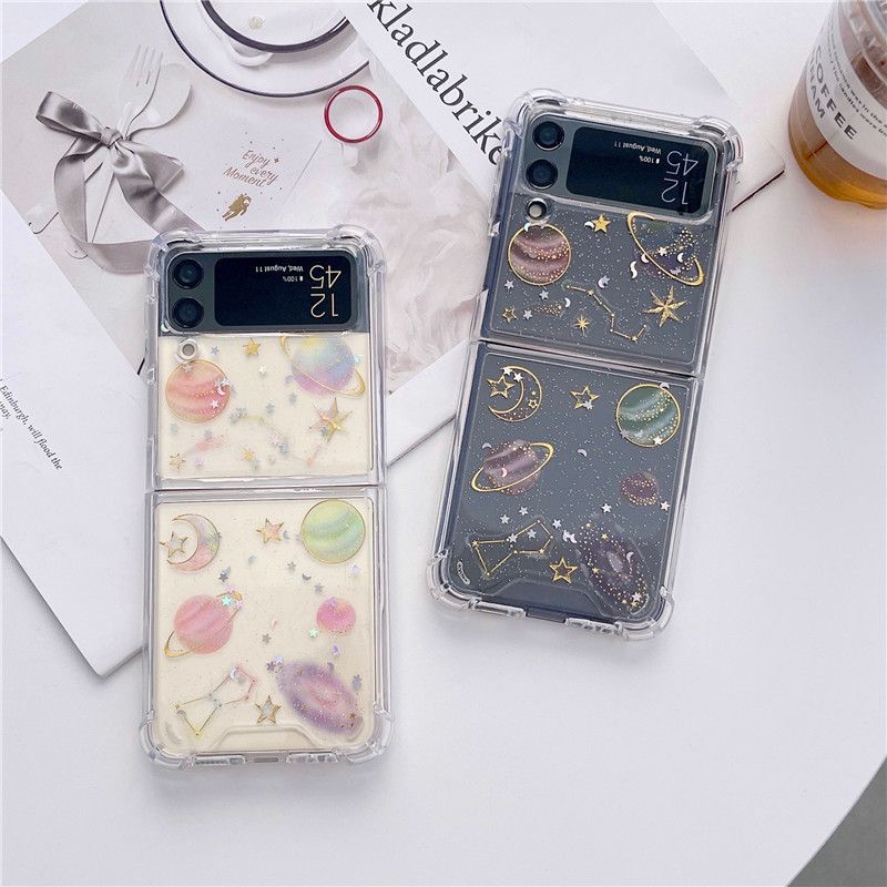 Phone Case For Samsung Zflip3 Fantasy Planets Pattern Folding Flap Protective Cover