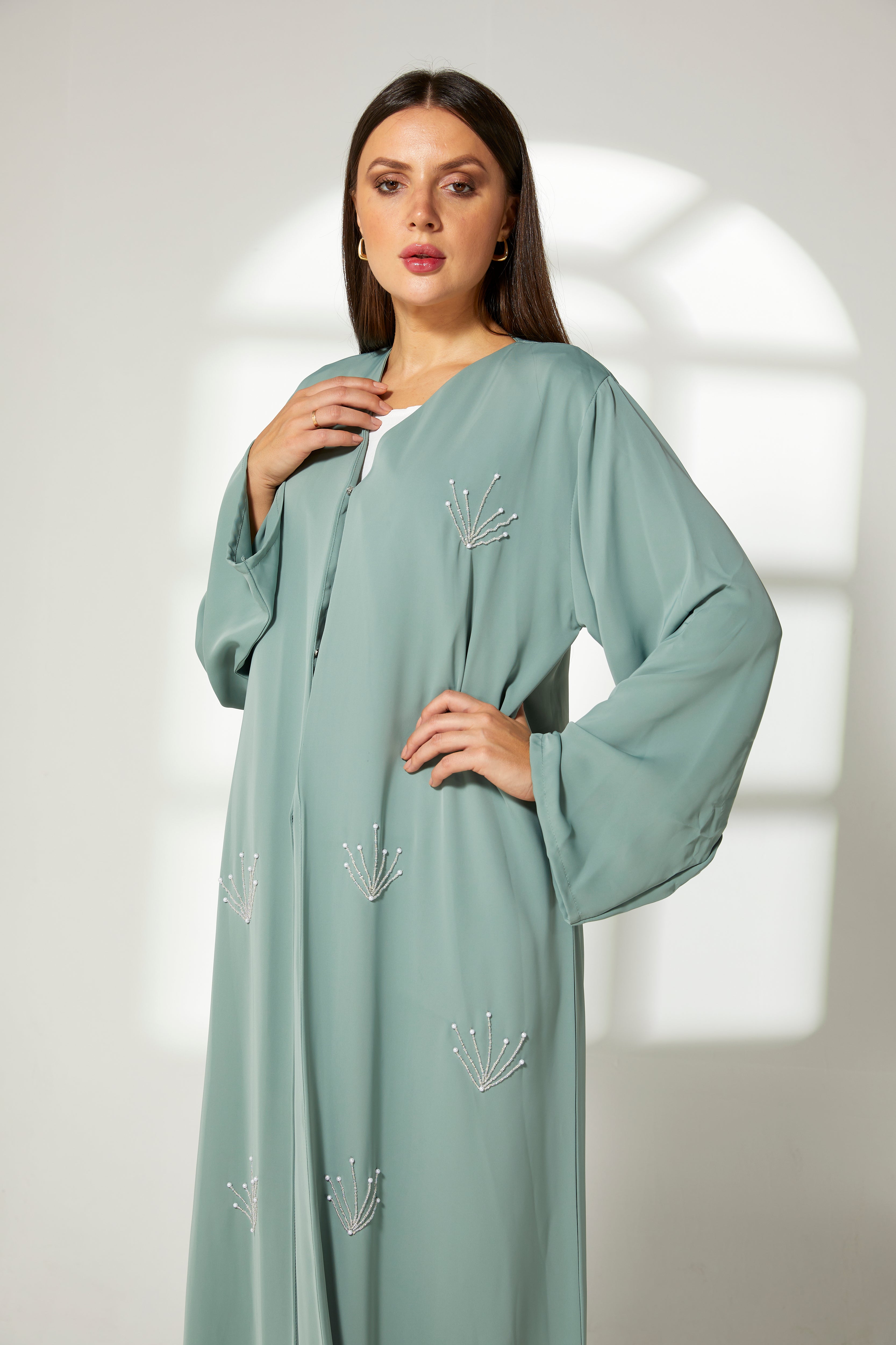 MOiSTREET Sea Green Korean Nida Embroidery Abaya