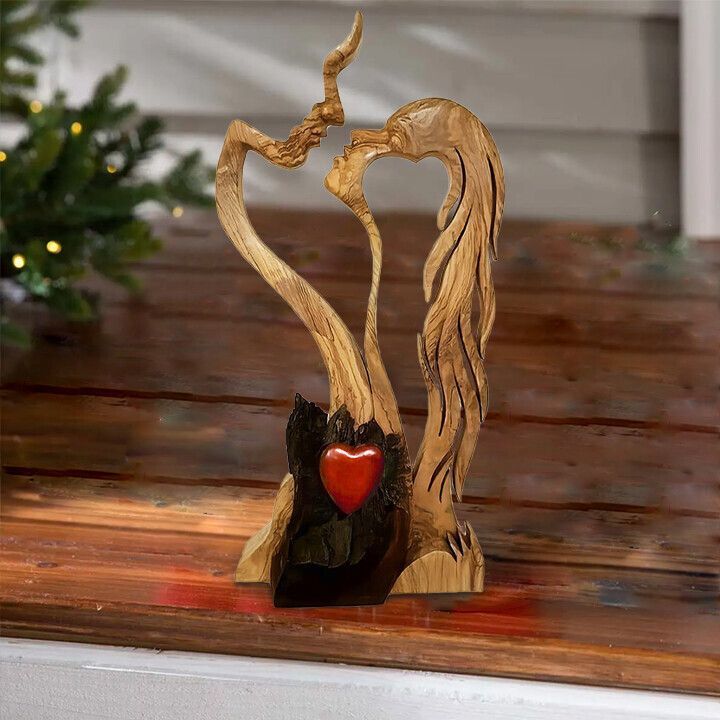Wooden Lovers Statue Eternal Love Handmade Abstract Sculpture Ornament