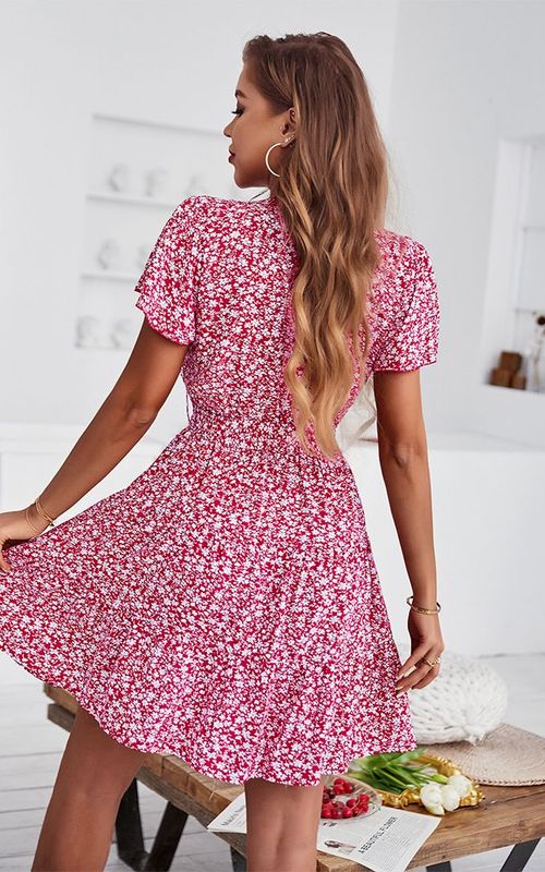 Floral V Neck Mini Dress Sexy Wrap Dress Women Flowy Short Sleeve Sundress