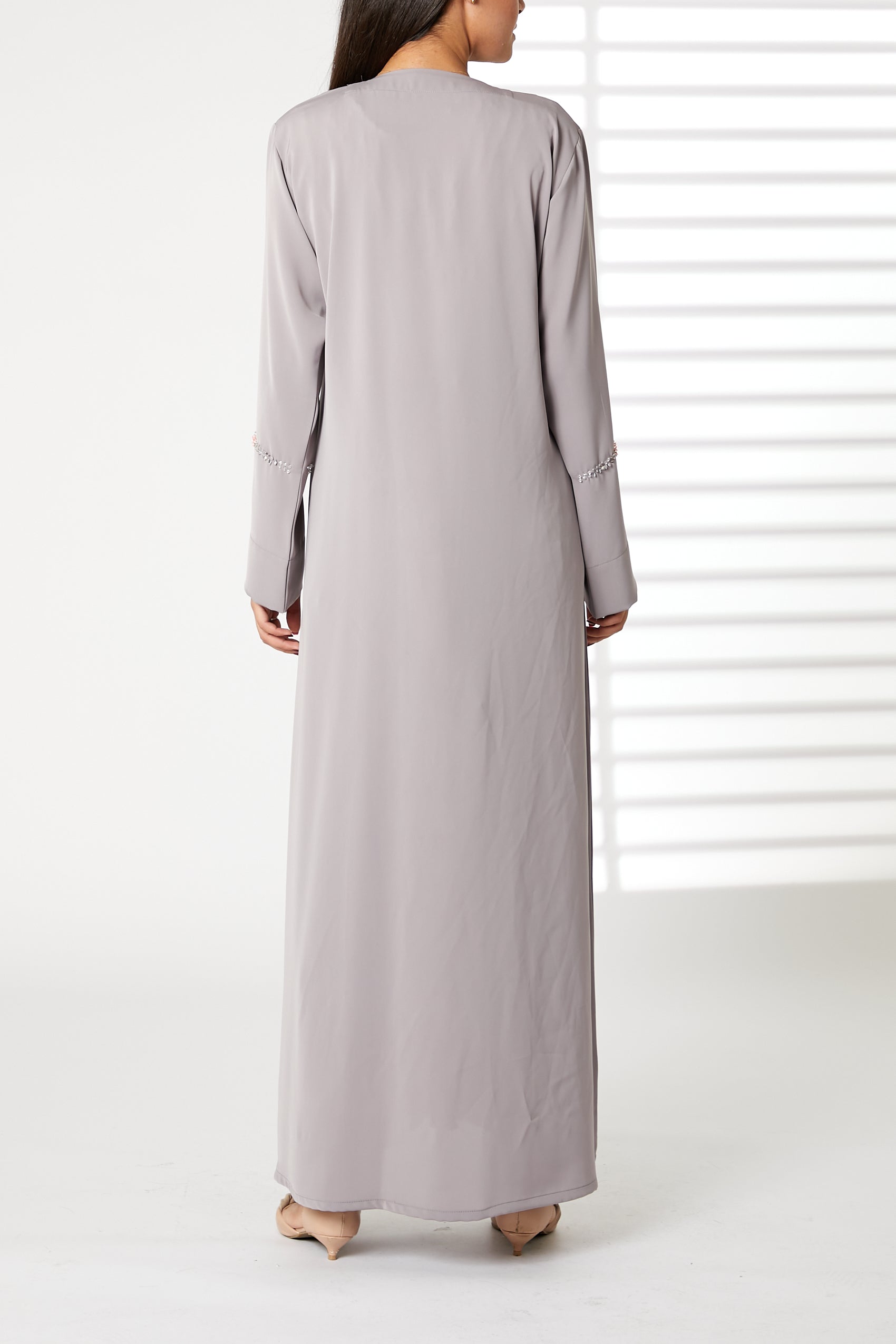 MOiSTREET Grey Nida Embroidered V-Neck Open Abaya