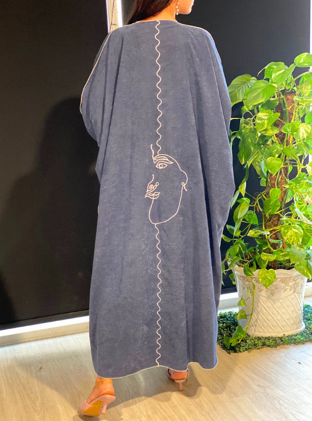MOiSTREET Blue Bisht Style Abaya with Thread Work