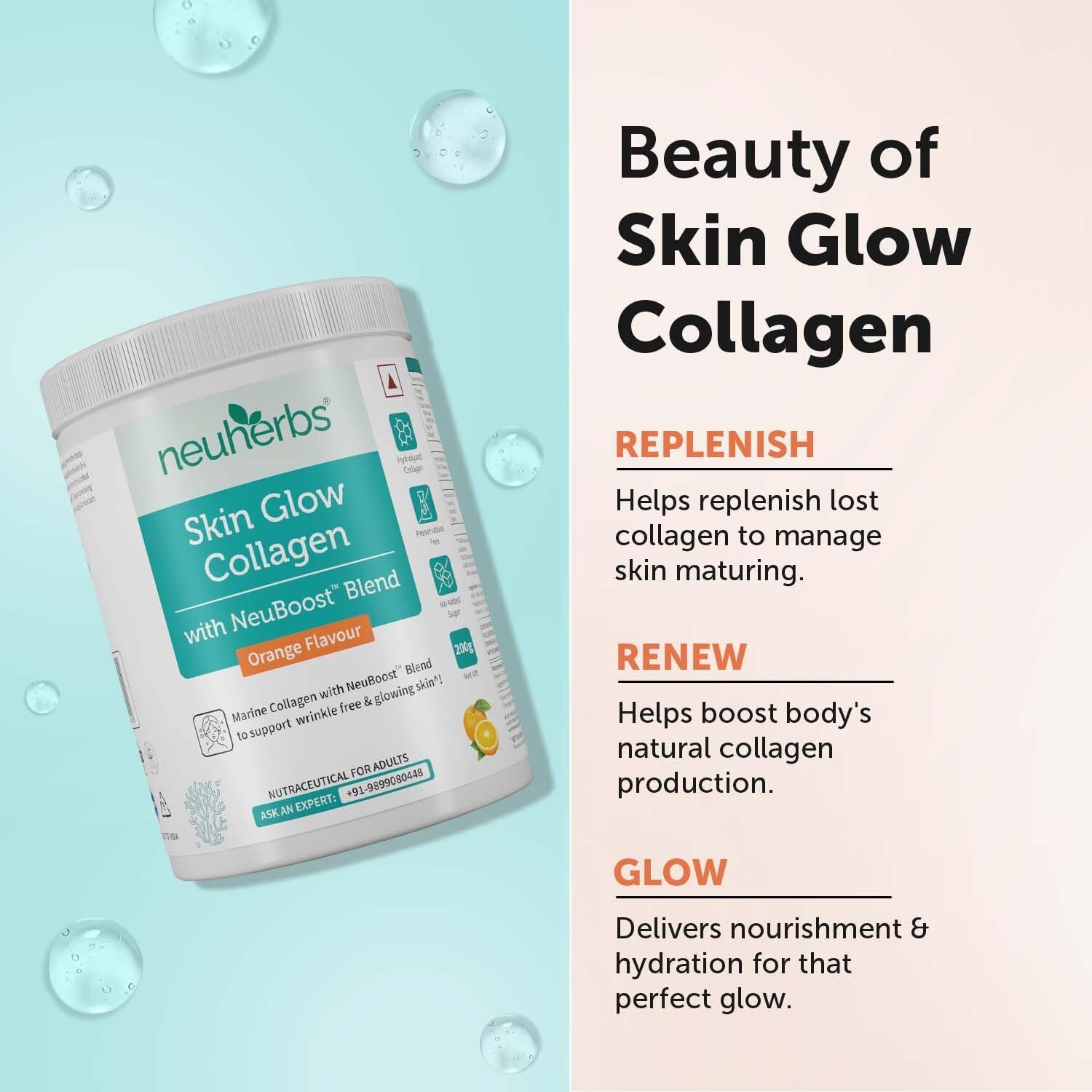 Neuherbs Skin Glow Marine Collagen Powder Supplement For Men & Women - 200g (Orange Flavour)