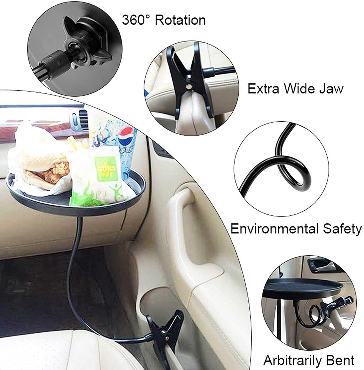 Car Seat Food Table Swivel Mount Holder Travel Drink Table Round Stand Food Tray