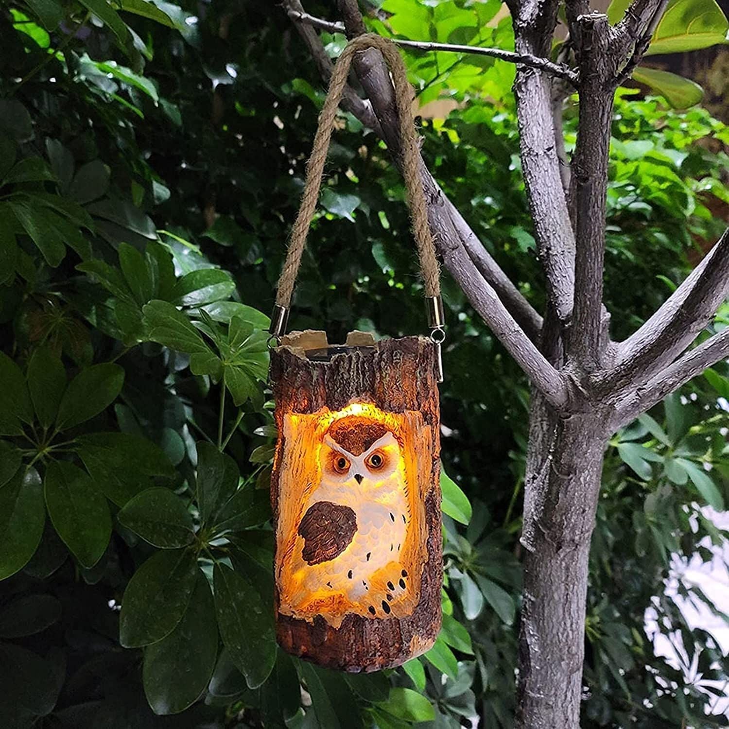 Solar Hanging Light Owl Tree Stump Lamp Lanterns Animal Statue Lanterns Garden Decoration