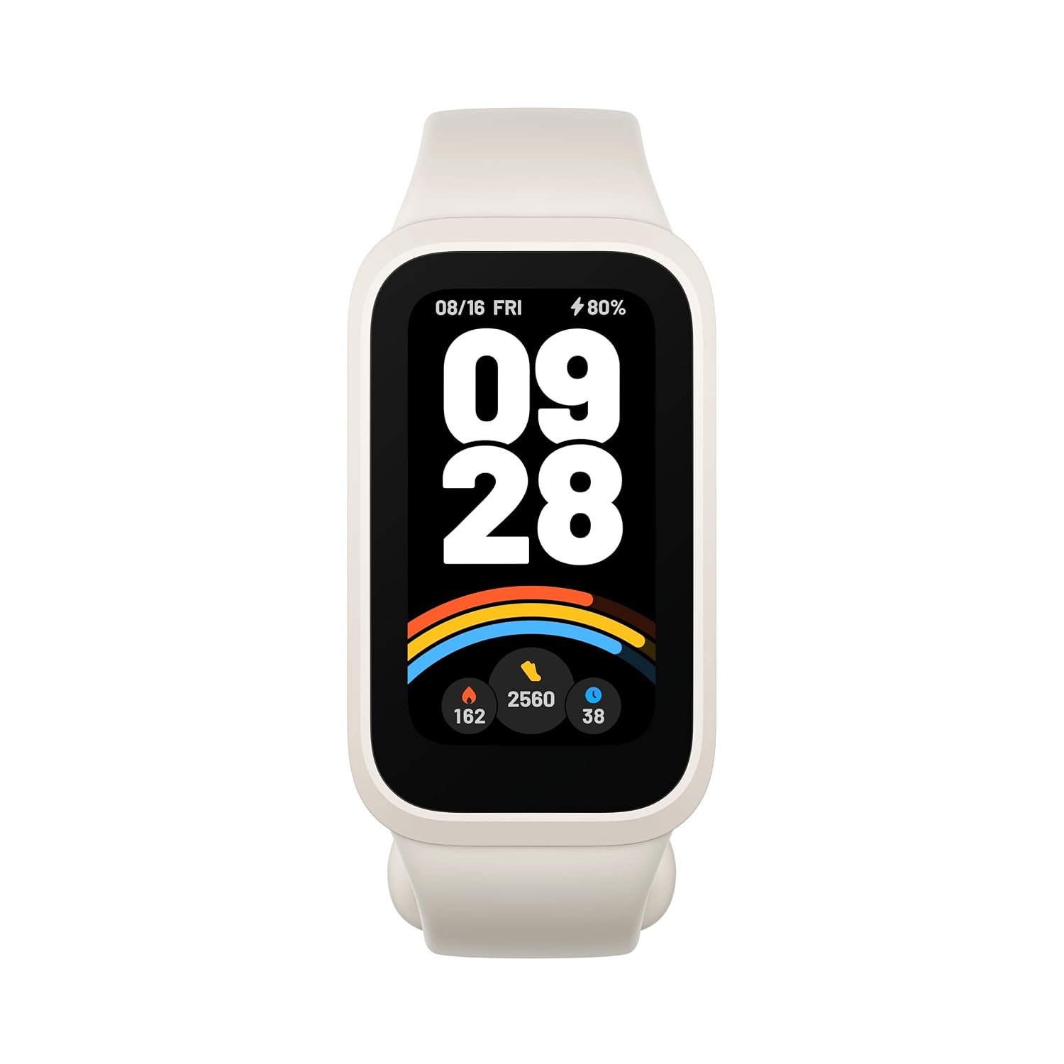 سوار اللياقة البدنية الذكي Xiaomi Smart Band 9 Active، باللون البيج والأبيض، بشاشة مقاس 1.47 بوصة، و50 وضعًا رياضيًا، وعمر بطارية يصل إلى 18 يومًا