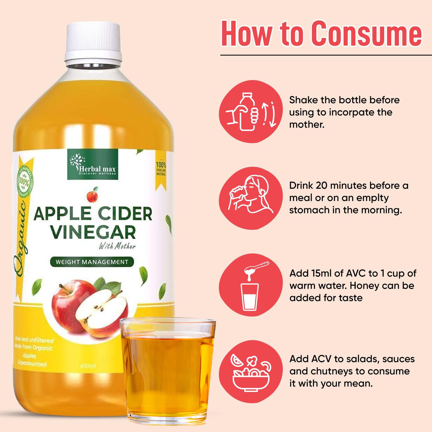 Herbal max Unfiltered Apple Cider Vinegar With The Mother450mL