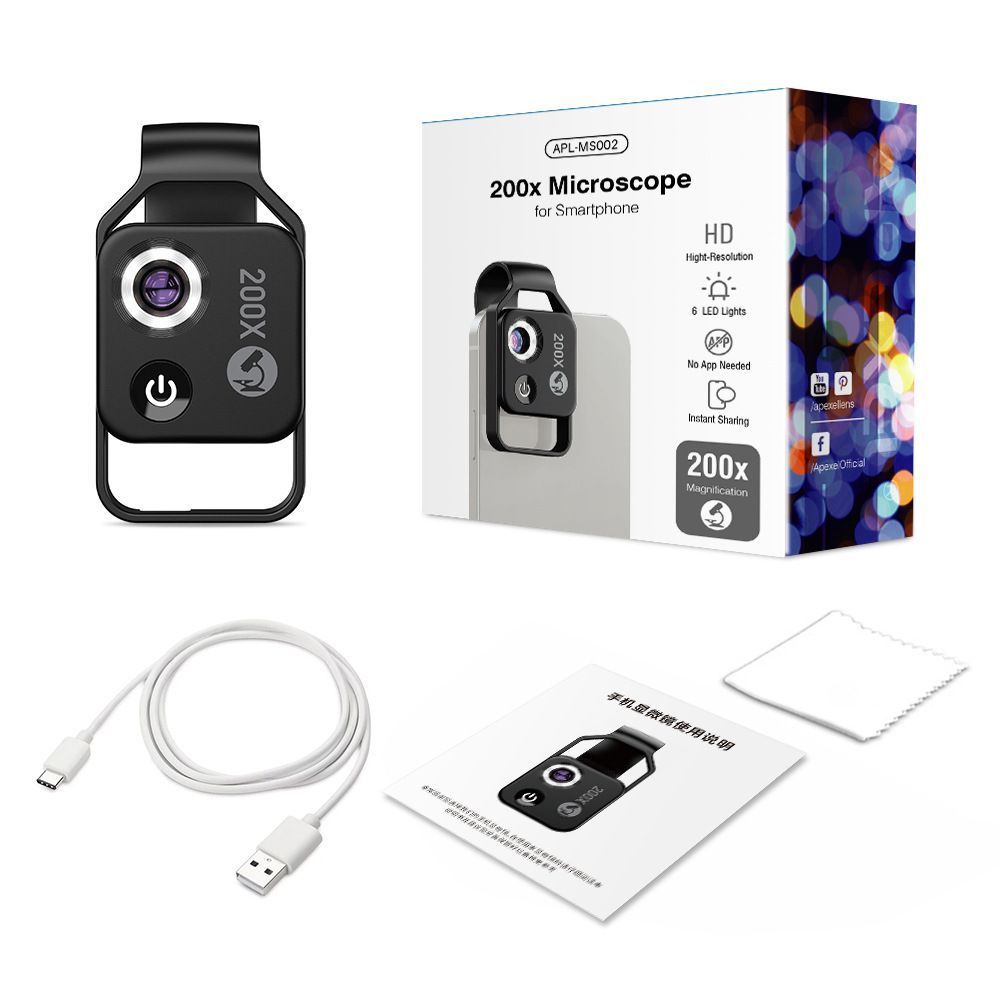 200X Magnification Microscope Lens with CPL Mobile LED Light Micro Pocket Macro Lenses for iPhone