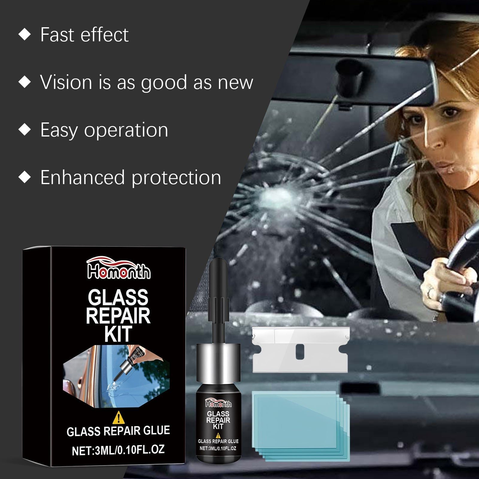 Car Crack Repair Kit, Fast Windshield Crack Fix, Clear Vision, Portable Adhesive ,1set