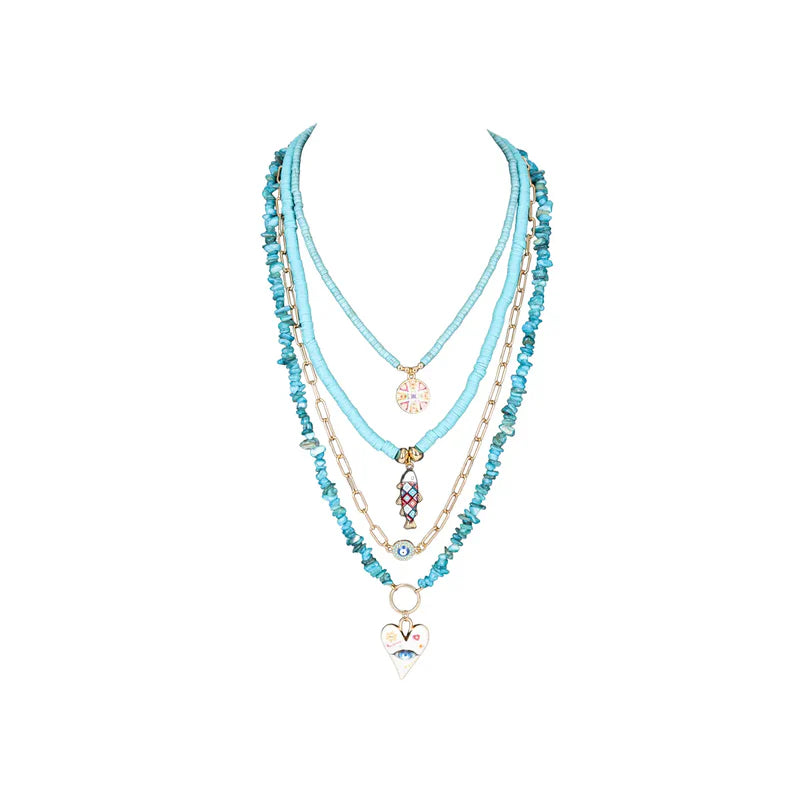 The Dark Layered Turquoise Beaded Necklace with Charms