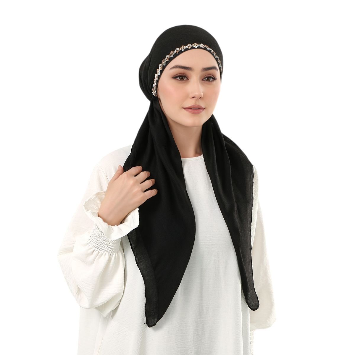 Black Rhinestone Hijab Scarf with Turban Cap for Women