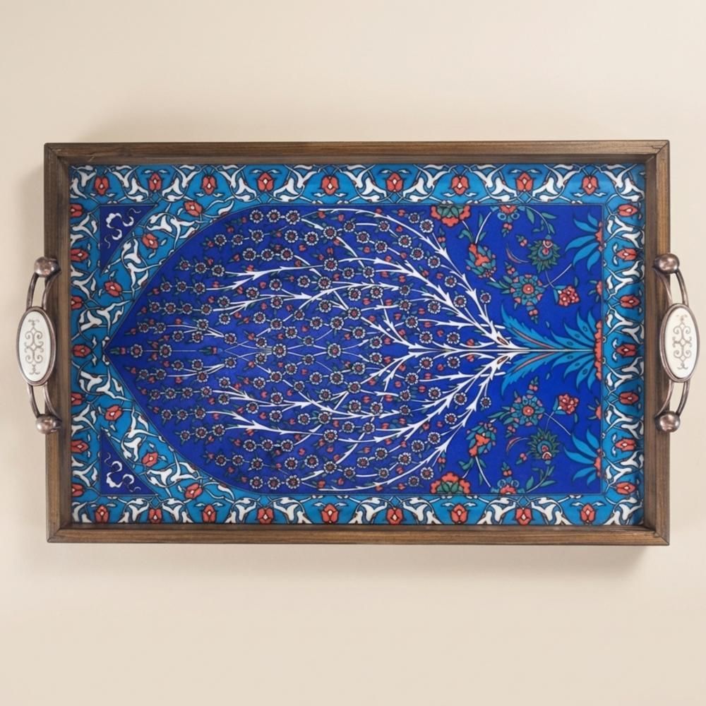 Blue Ceramic Tile Coffee Table Tray, Iznik Style Wooden Serving Tray