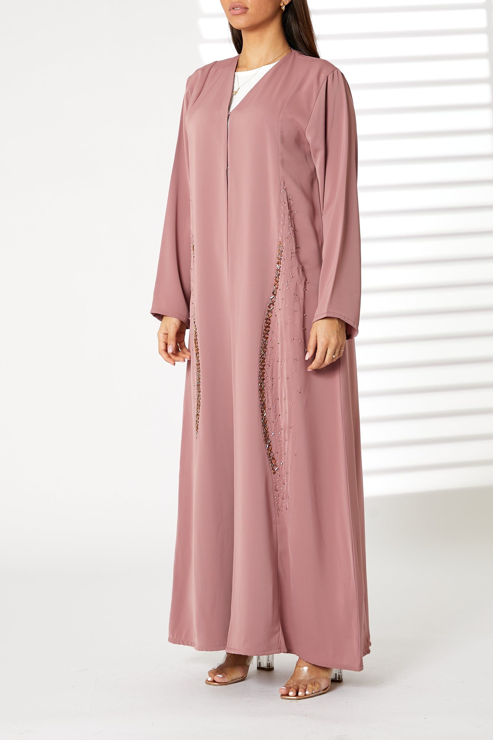 MOiSTREET Pink Nida Embroidered Open Abaya