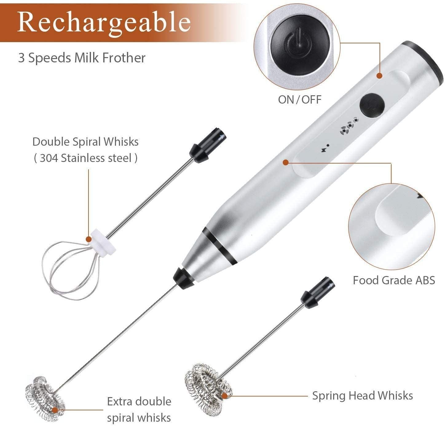 Electric Milk Frother Handheld Foam Maker USB Egg Beater Rechargeable Drink Mixer With 3 Speeds