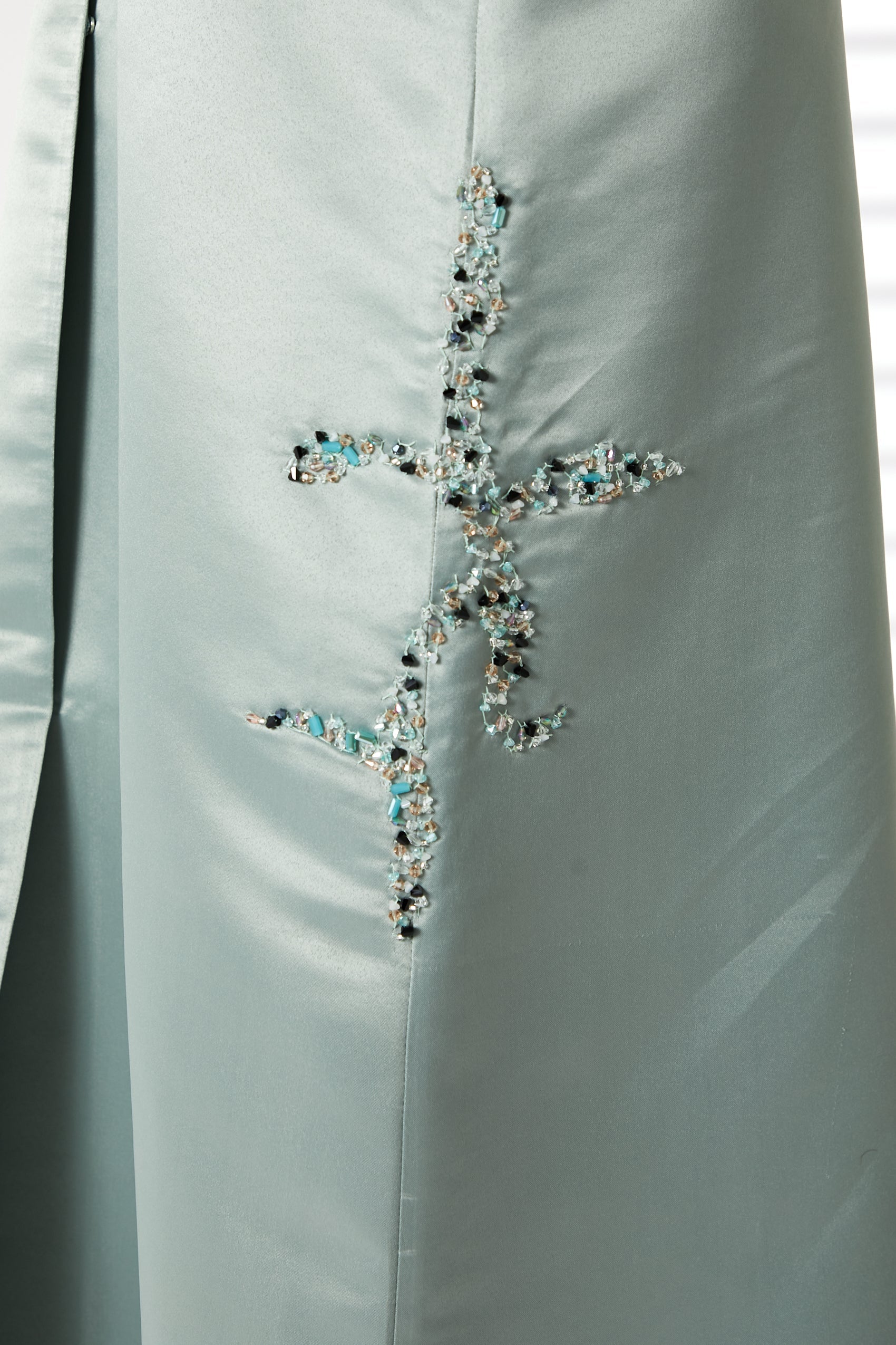 MOiSTREET Greenish Cyan Bridal Satin Embroidered Abaya