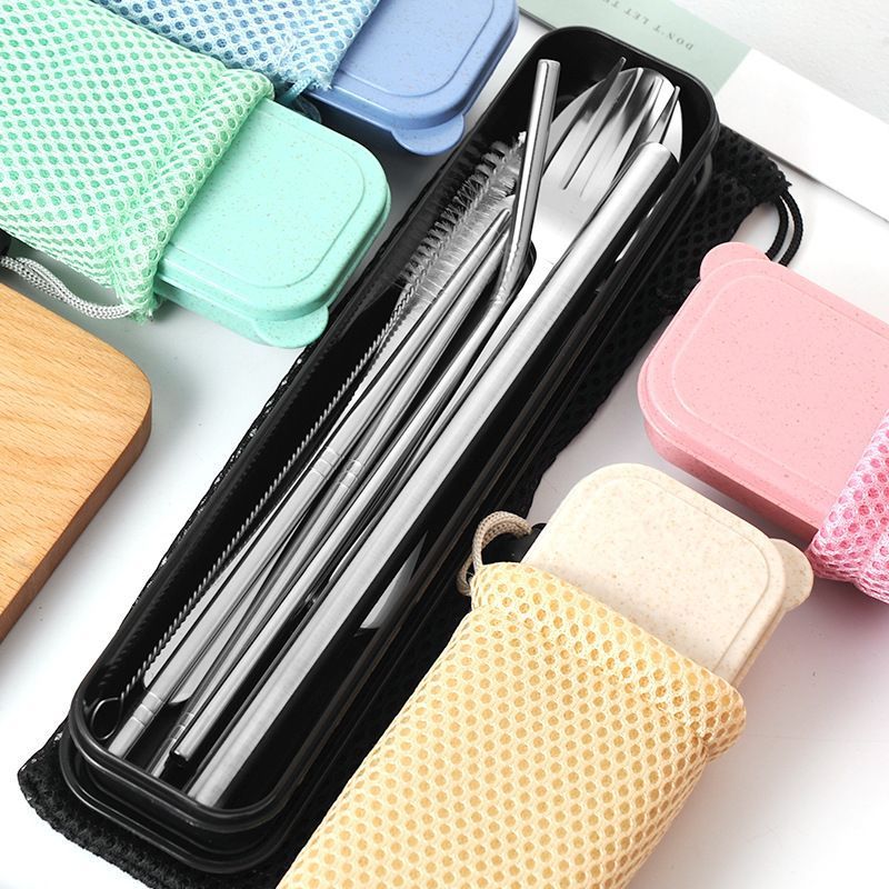 Stainless Steel Tableware Set Straw Knife Fork Spoon Chopsticks Portable Tableware
