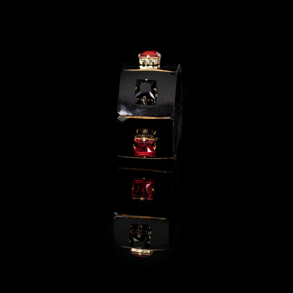 The Dark Black Leather Crystal Cuff Bracelet with Red & Black Square Stones