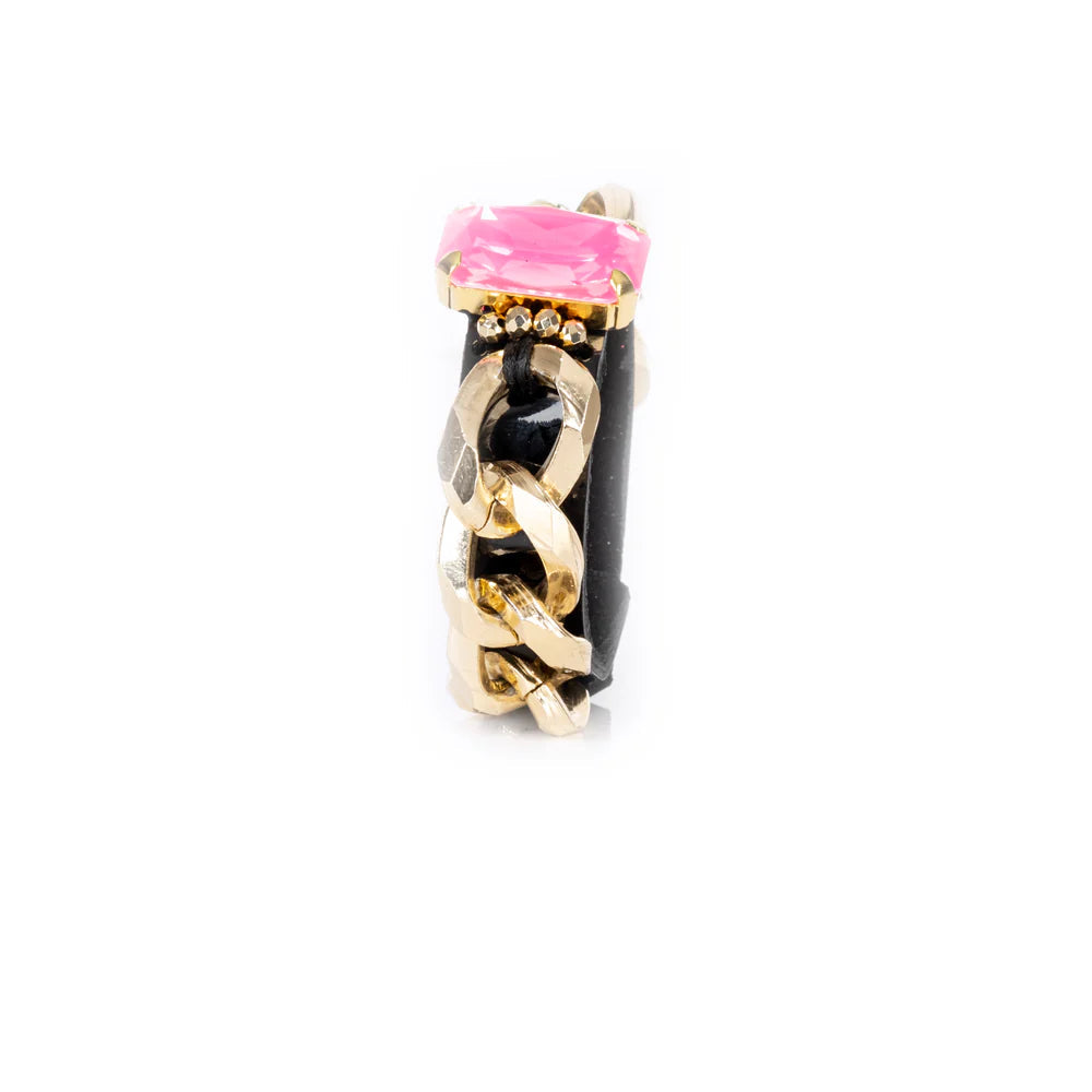The Dark Black Leather Chain Cuff Bracelet with Pink Crystal
