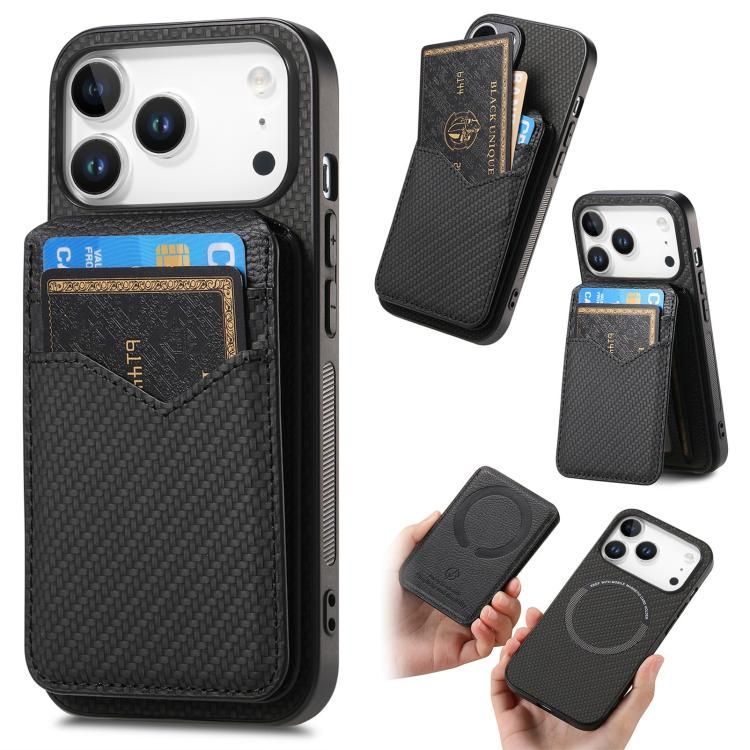 For iPhone 18 Pro Max / iPhone 17 Pro Max Carbon Fiber MagSafe Vertical Flip Card Bag Phone Case