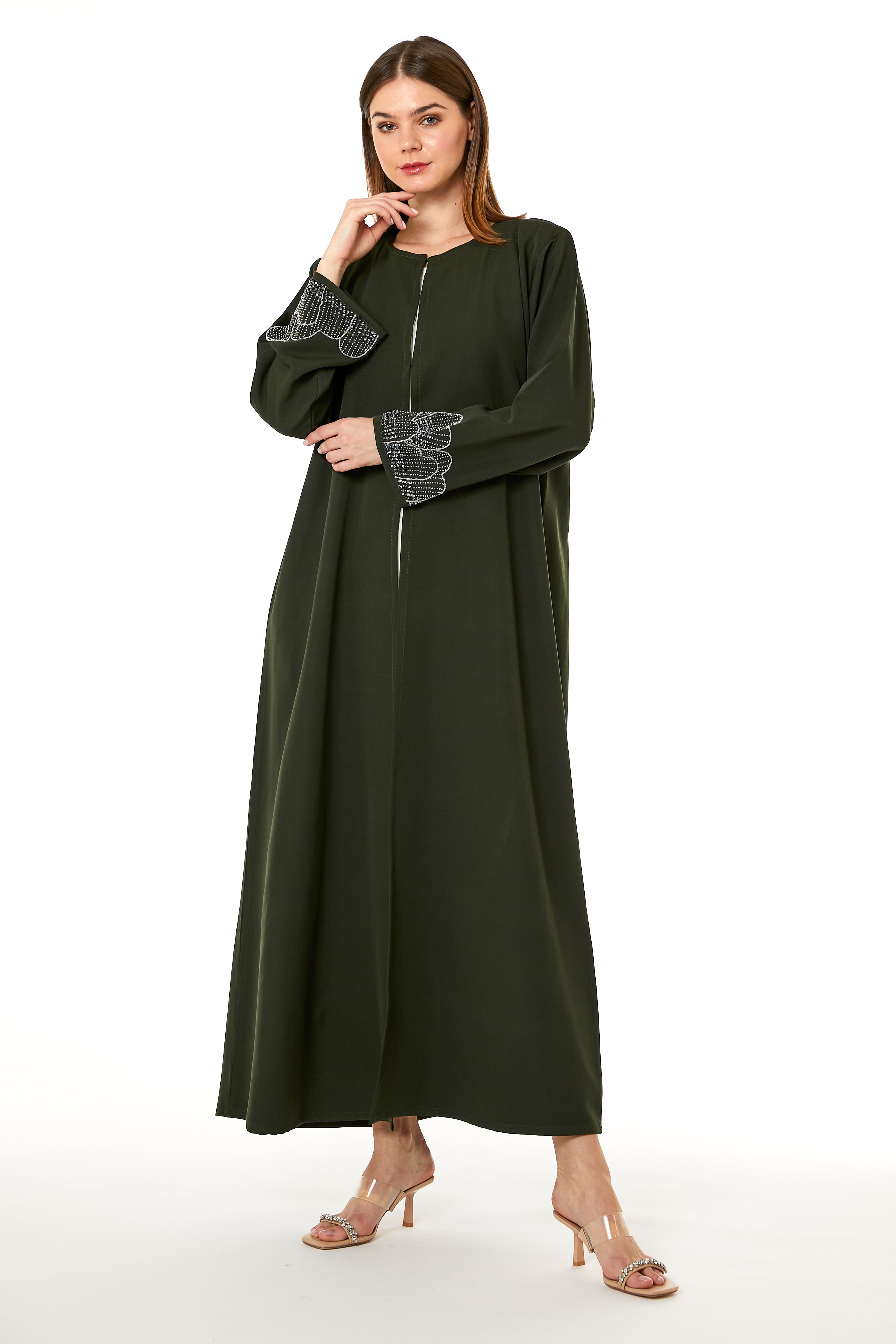 MOiSTREET Dark Green Korean Nida Hand Embellished Abaya