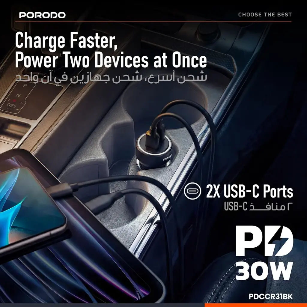 Porodo Velano Car Charger with Dual USB-C Ports