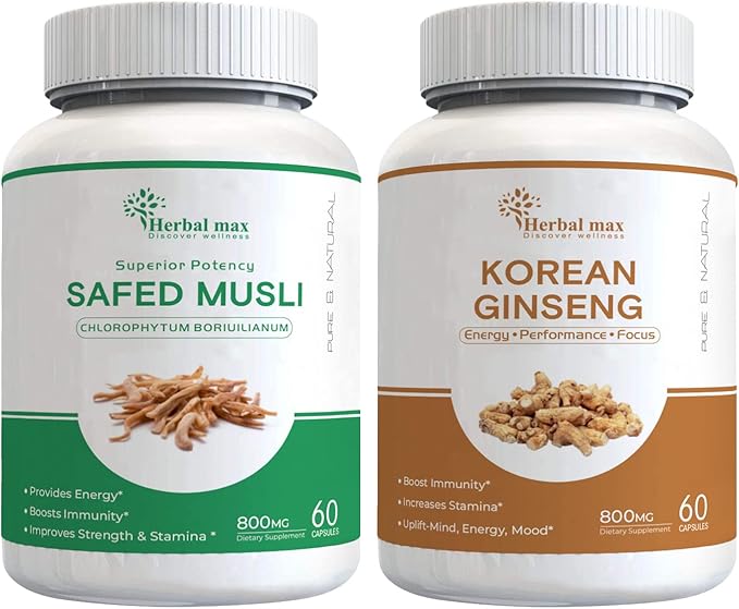 Herbal max Safed Musli Extract 800 mg 60 Capsule with Korean Ginseng Capsule combo