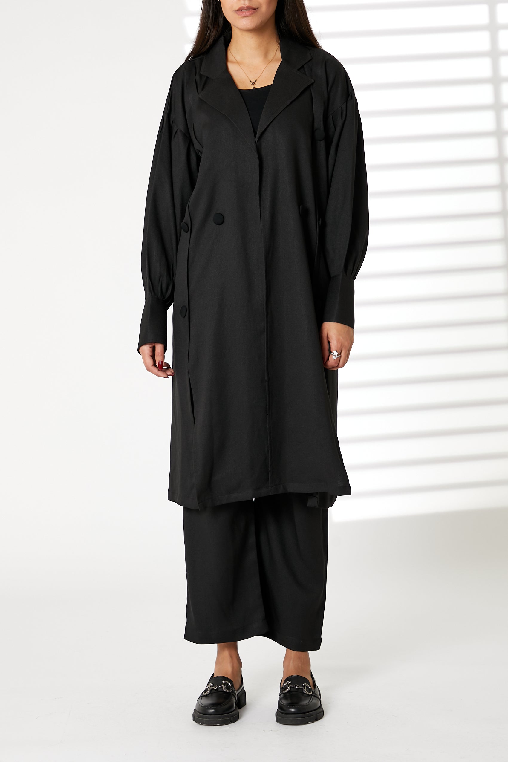 MOiSTREET Black Mid Length Barbie Crepe Trench Coat Set