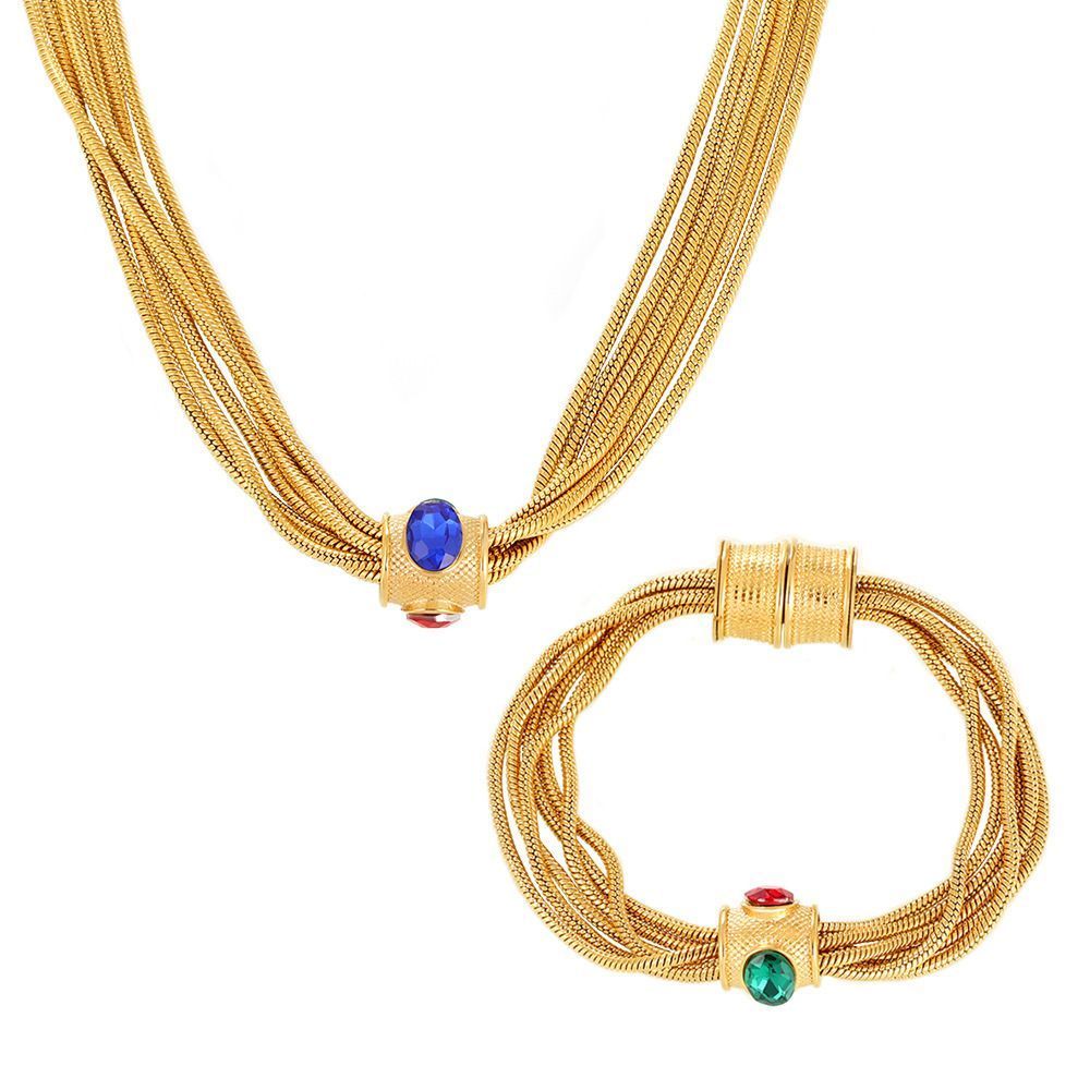 Multi Layer Chain Necklace Bracelet Set Titanium Steel Gold Plated Jewelry