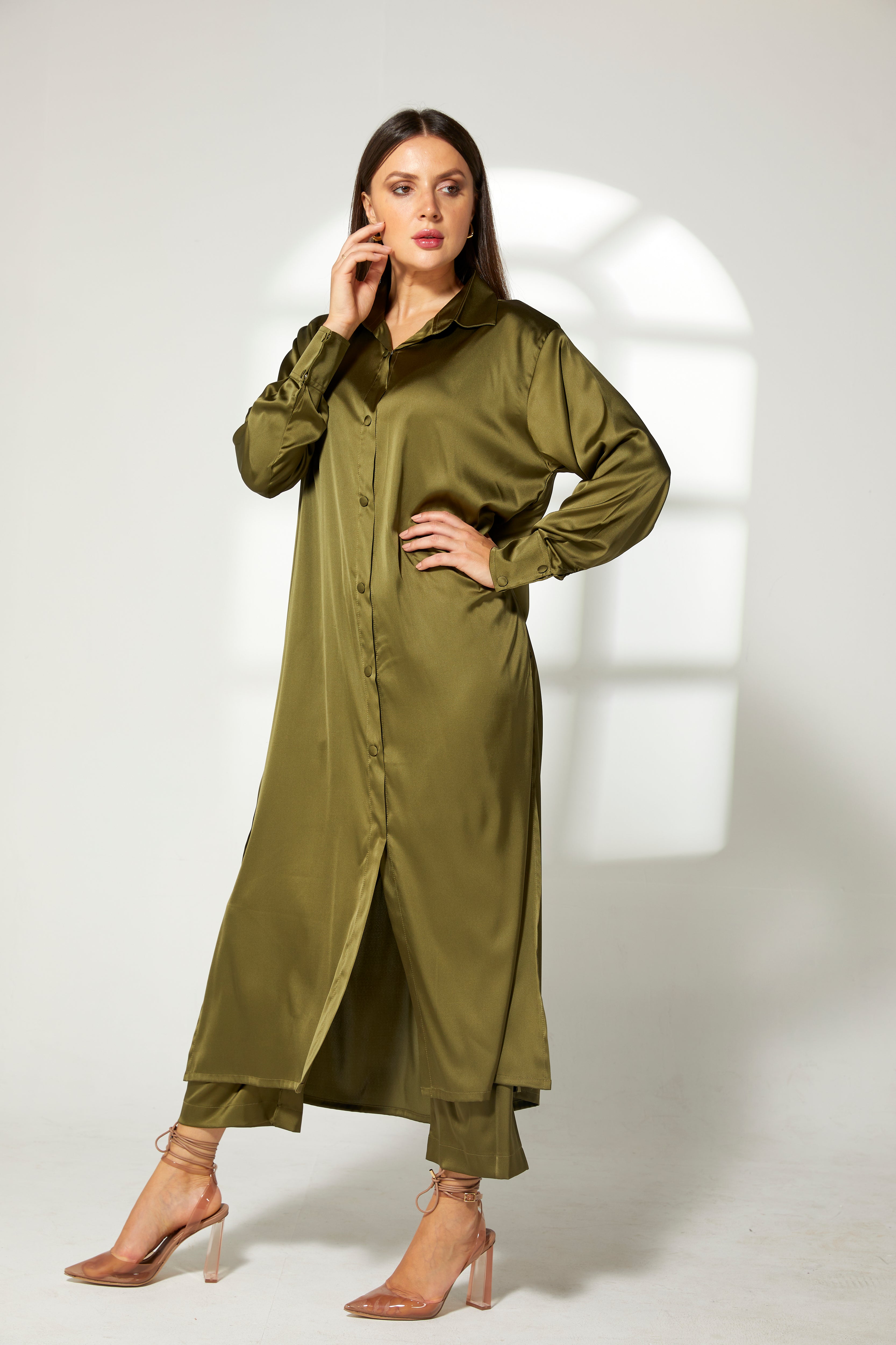 MOiSTREET Mustard Green Silk Fabric Top and Pants Set