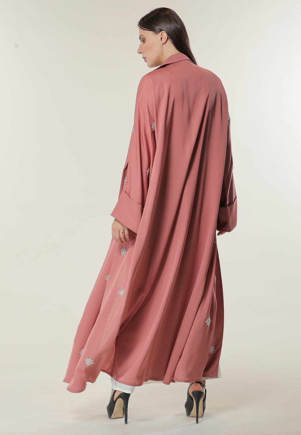 MOiSTREET Pink Abaya with Hand Beaded Motifs