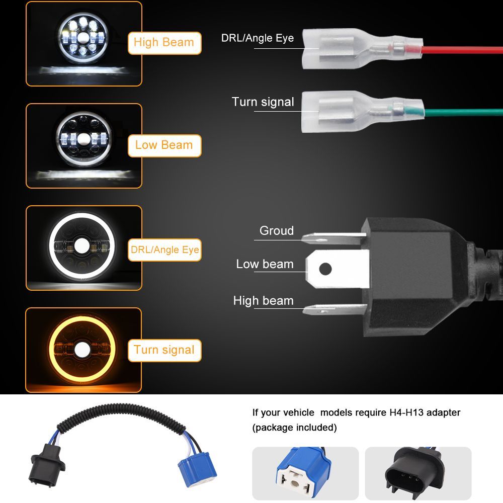Motorcycle Round LED Headlight 7 inch Car Front Angel Eye With 4 Light Modes