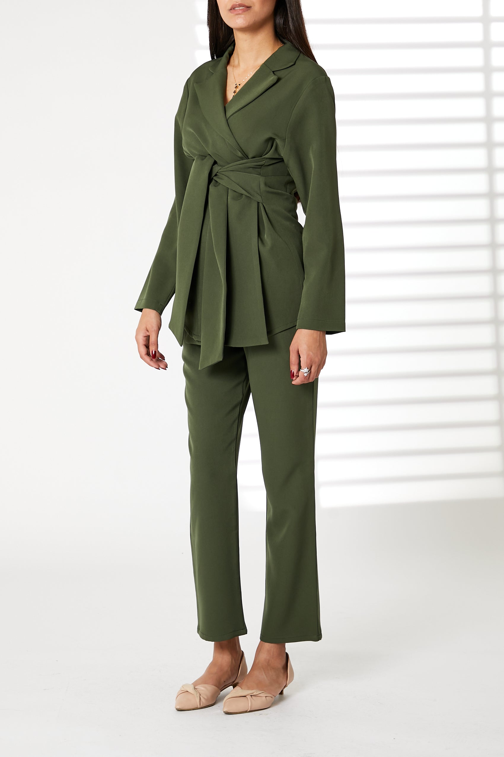 MOiSTREET Green Barbie Crepe Fabric Blazer and Pants Set