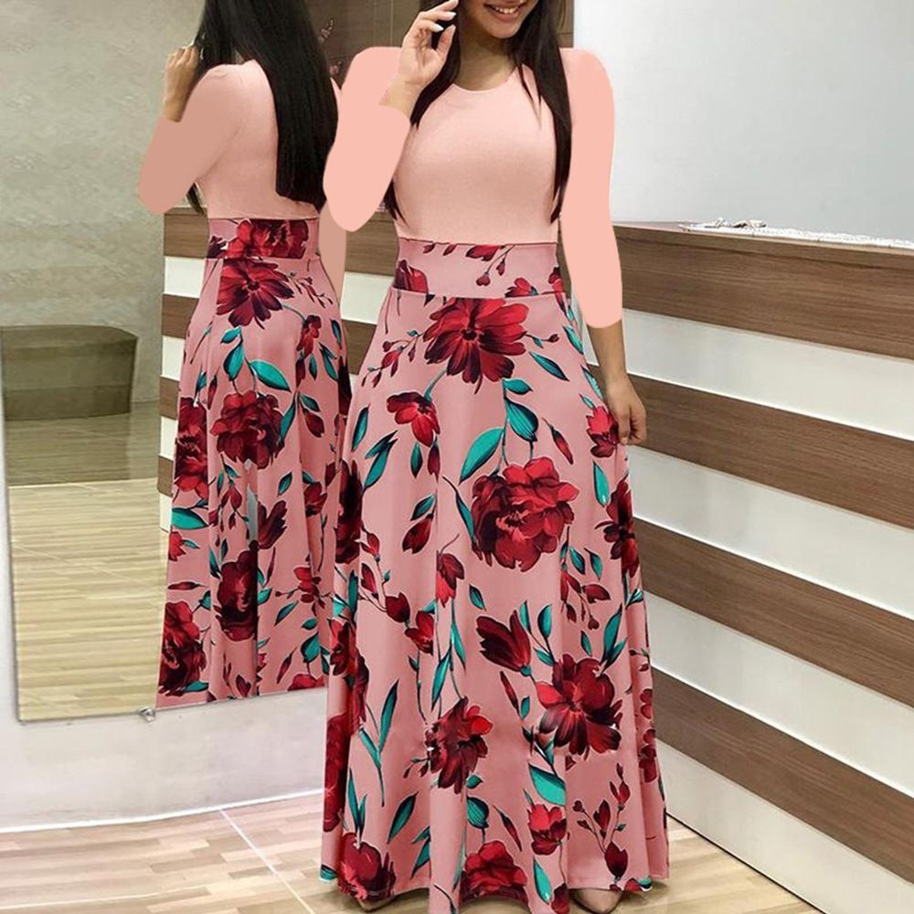 Spring And Summer Women's Floral Print Long-Sleeve Round Neck Long Dress
