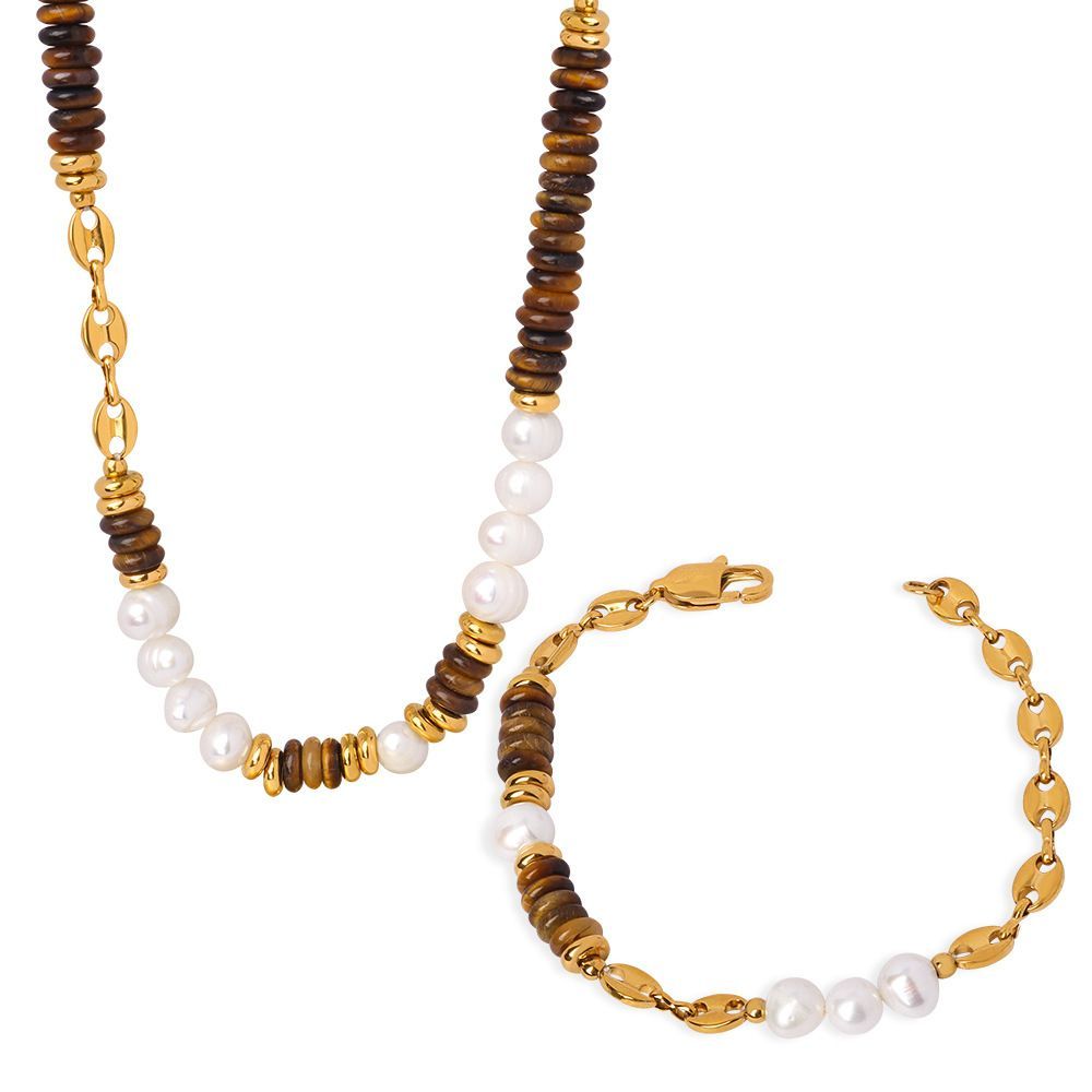 Women Pearl Necklace Bracelet Set Tiger Eye Stone Beaded Chain Jewelry Gifts for Mom Wife